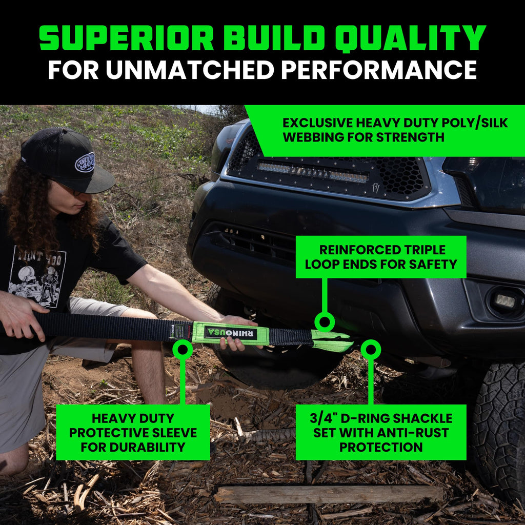 Rhino USA Heavy-Duty Recovery Gear Combos Off-Road Truck Vehicle Recovery, Best Offroad Towing Accessories - Backed for Life (20' Strap + Shackles)