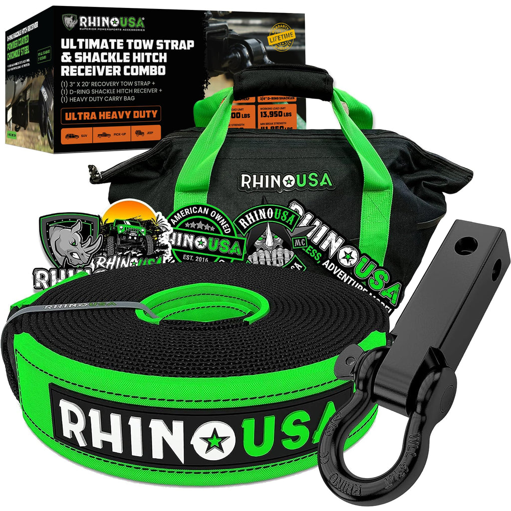 Rhino USA Heavy-Duty Recovery Gear Combos Off-Road Truck Vehicle Recovery, Best Offroad Towing Accessories - Backed for Life (20' Strap + Shackles)